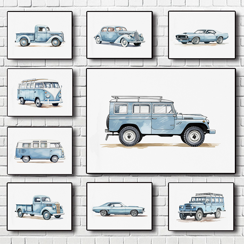 Watercolor Poster Print - Classic Light Blue Car Vehicle Watercolor