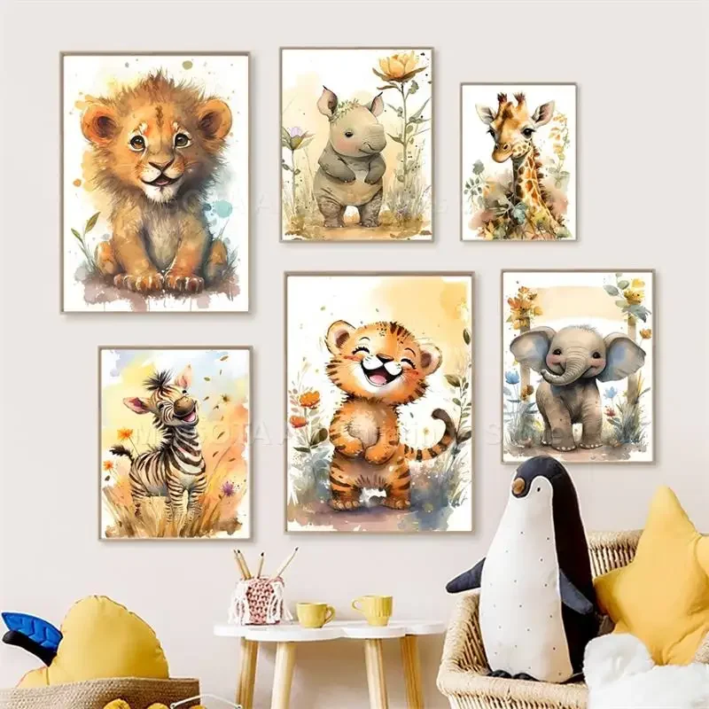 Watercolor Poster Print - Watercolor Lion Giraffe Tiger Elephant Zebra