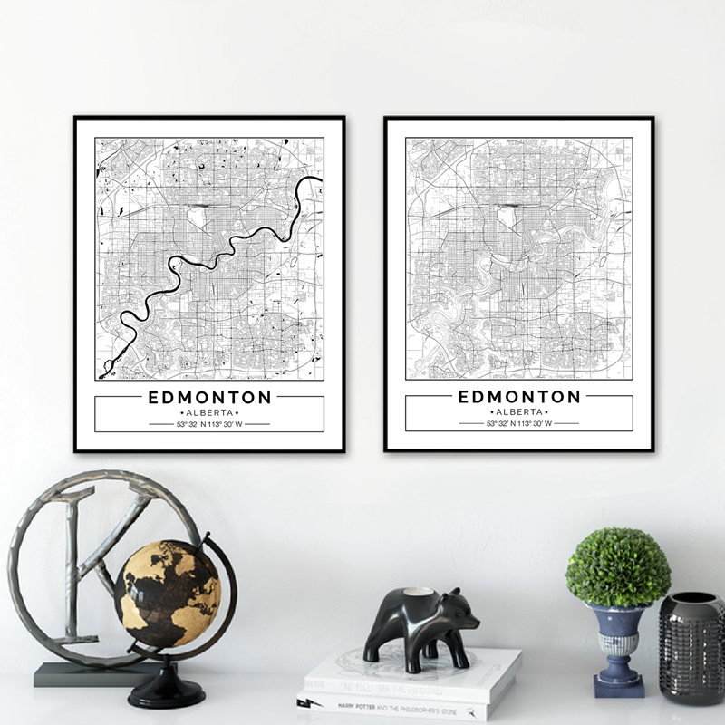 Home Decor Canada - Edmonton Alberta Map Black White Canvas