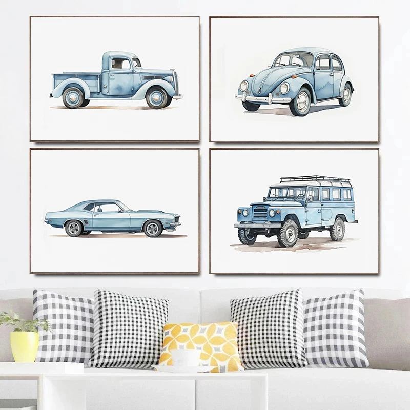 Classic Light Blue Car Vehicle - Watercolor Poster Print ulasan dan harga