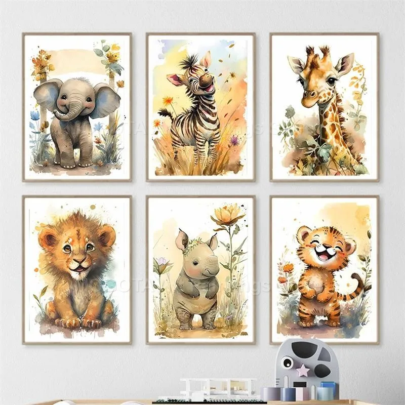 Watercolor Lion Giraffe Tiger  - Watercolor Poster Print ulasan dan harga